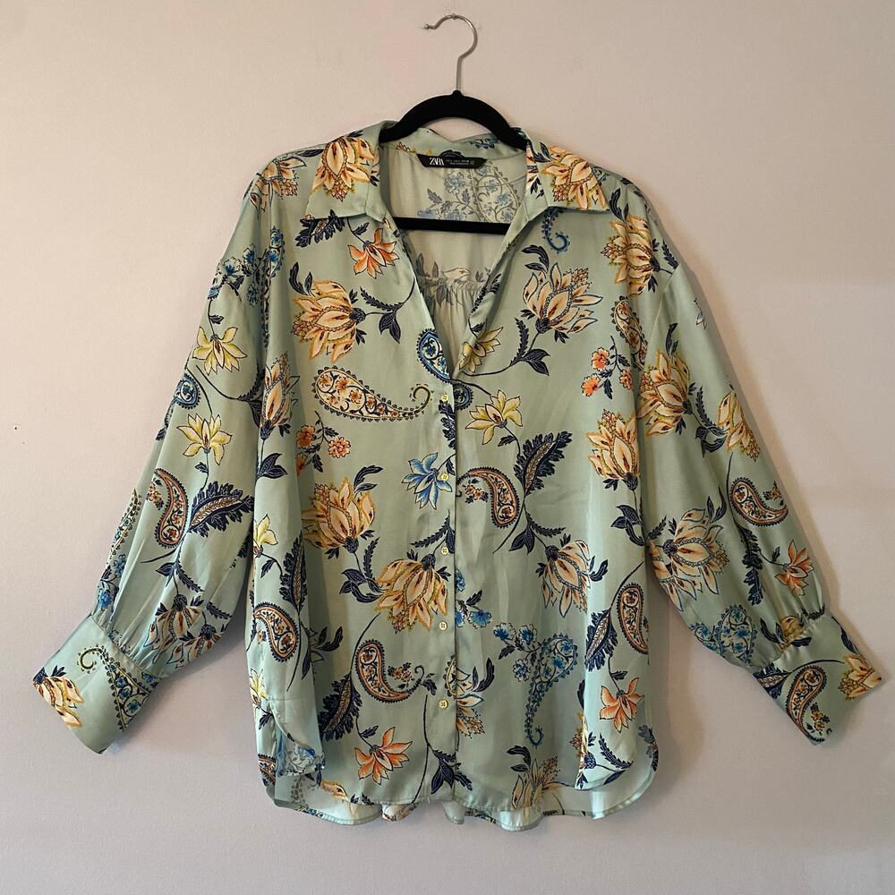 Zara Mint Green Paisley Floral Long Sleeve Button Down Shirt Boho Flowy Large